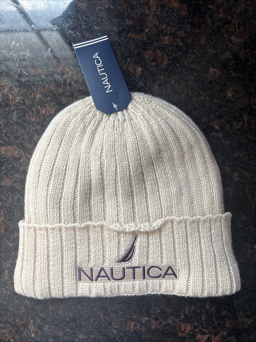 Nautica Cream Ribbed Cuffed Beanie with Embroidered Logo